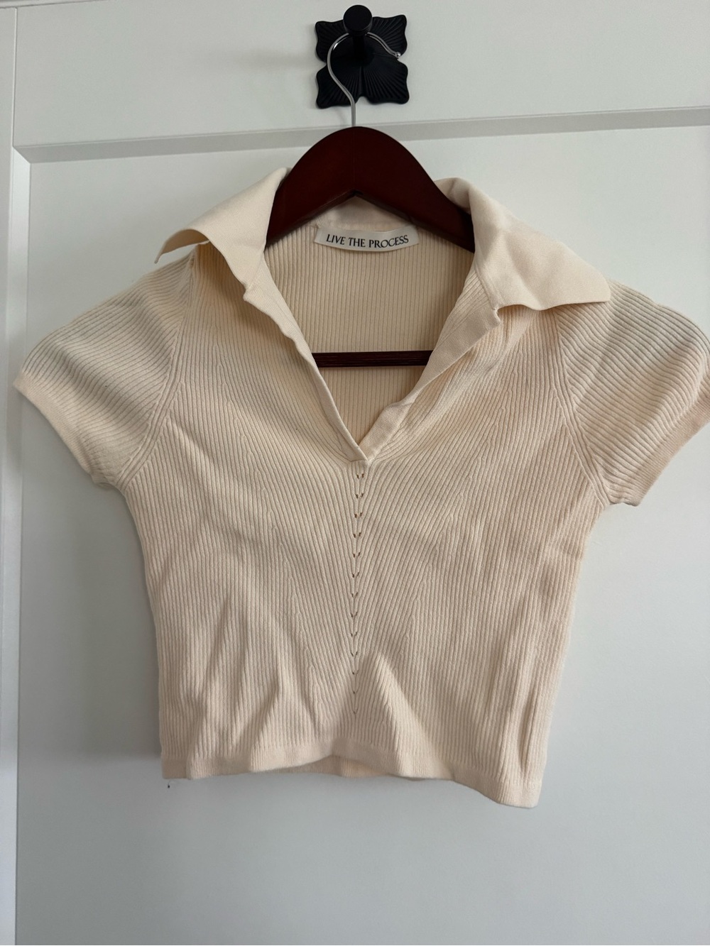 Live The Process Cream Ribbed Polo Short Sleeve Top xs